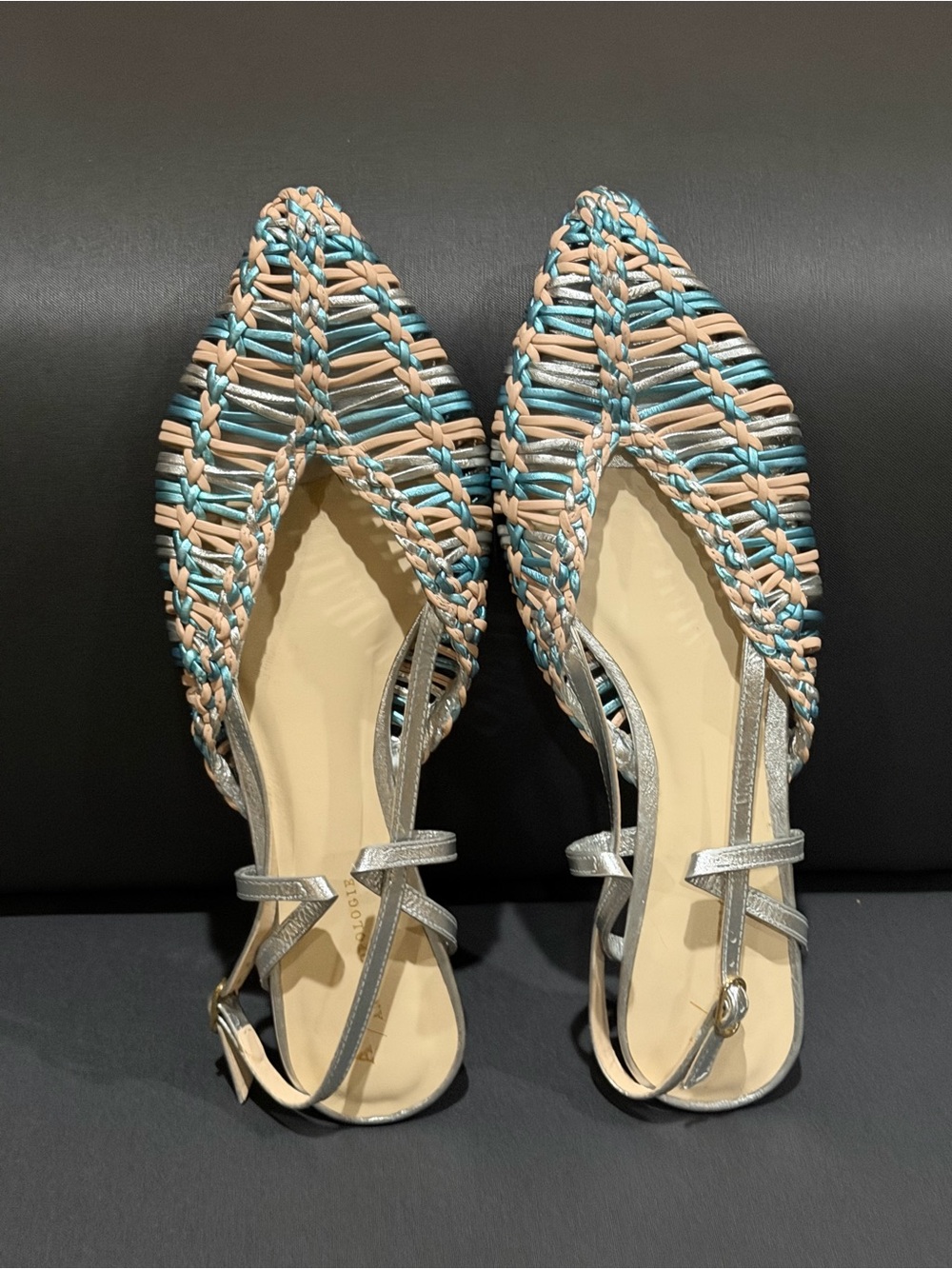 Anthropologie Braided Pointed-Toe Slingbacks in Teal, Beige & Silver